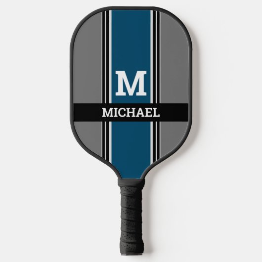 Bold Monogram & Name Ocean Blue Grey Black Stripes Pickleball Schläger (Vorderseite)