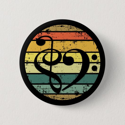 Bold Musical Heart Over Retro Sunset Color Bands Button (Vorderseite)