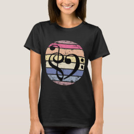 Bold Musical Heart Over Retro Sunset Color Bands T-Shirt