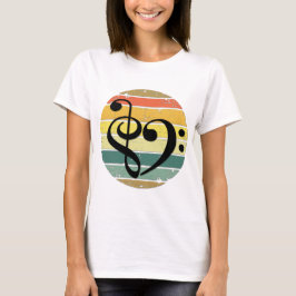 Bold Musical Heart Over Retro Sunset Color Bands T-Shirt