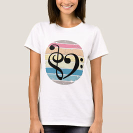 Bold Musical Heart Over Retro Sunset Color Bands T-Shirt