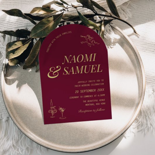 Bold Names Arch Burgundy Chartreuse Wedding Einladung