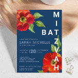 Bold Navy Bat Mitzvah Red Floral Watercolor Modern Einladung<br><div class="desc">Seien Sie stolz, freuen Sie sich und präsentieren Sie diesen Meilenstein Ihres Lieblings-Bat Mitzvah mit dieser raffinierten, personalisierten Einladung! Eine schicke, atemberaubende, rötlich-blumige Aquarellfarbe mit modernem san serif type überlagert einen marineblau hintergrund. Personalisieren Sie den benutzerdefinierten Text mit dem Namen, Datum und Veranstaltungsort Ihres Bat Mitzvah. Garantiert, um ihrem besondere...</div>