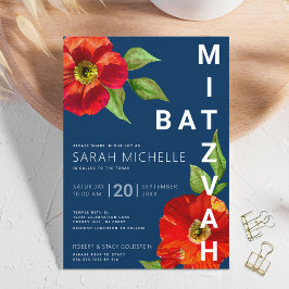 Bold Navy Bat Mitzvah Red Floral Watercolor Modern Einladung