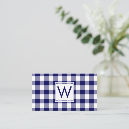 Bold Navy Blue Buffalo Kariert Pattern Monogram Visitenkarte (Stehend Vorderseite)