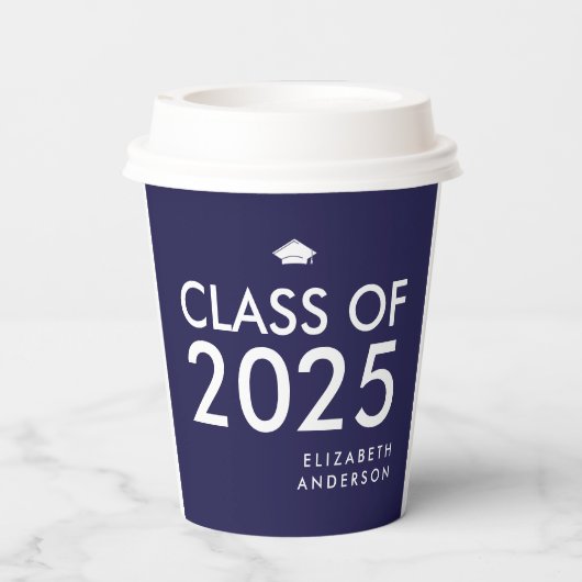 Bold Navy Blue White Personalisiert Graduation Par Pappbecher (Rückseite)