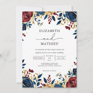 Bold Navy Burgundy Floral Garden Wedding Einladung
