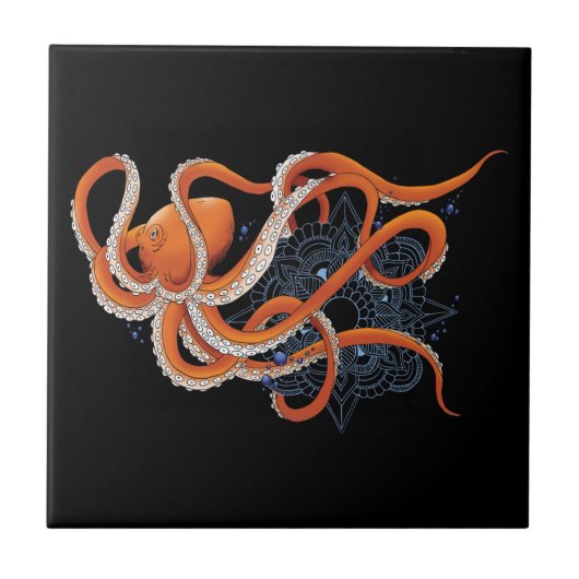 Bold Orange Mesmerizing Octopus Mandala Fliese (Vorderseite)
