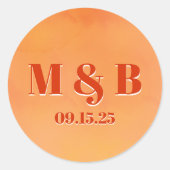 Bold Orange Watercolor Sunset Monogram Wedding Runder Aufkleber (Vorderseite)