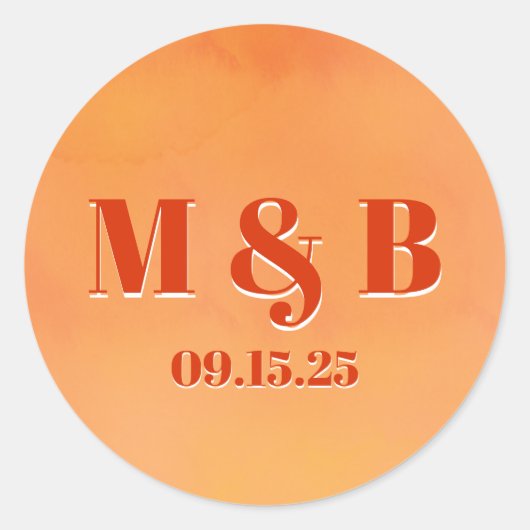 Bold Orange Watercolor Sunset Monogram Wedding Runder Aufkleber (Vorderseite)