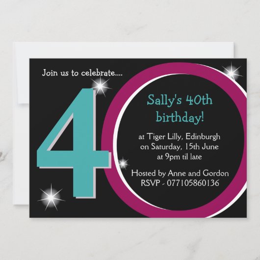 Bold Pink & Aquamarin 40. Geburtstag Party Einladung (Vorderseite)