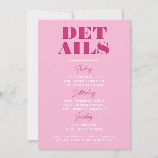 Bold Pink Bachelorette Weekend Einladung (Rückseite)