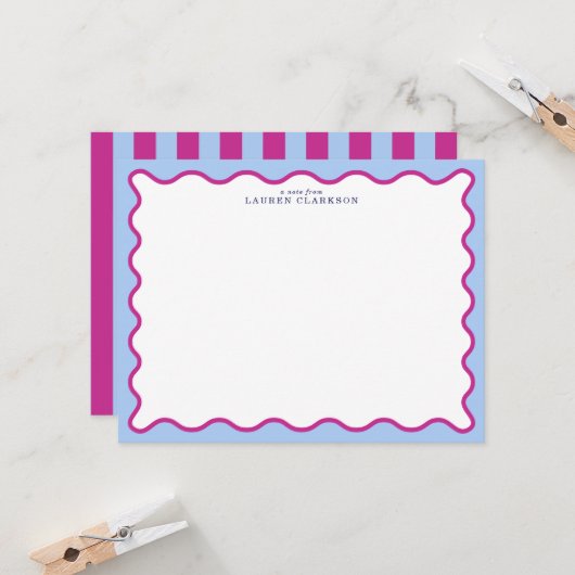 Bold Pink & Blue Striped Wavy Frame Note Card Einladung (Vorderseite/Rückseite Beispiel)