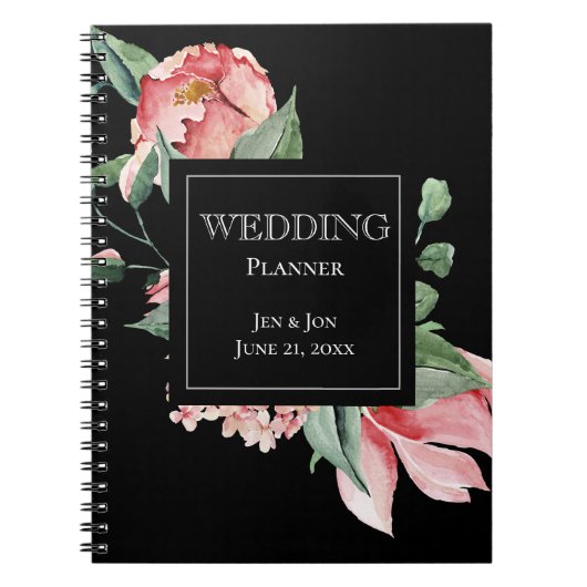 Bold Pink Magnolia on Black Wedding Planner Notizblock (Vorderseite)