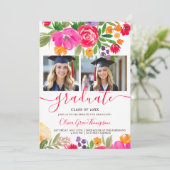 Bold Pink Orange Boho Floral 2-Photo Graduation Einladung (Stehend Vorderseite)
