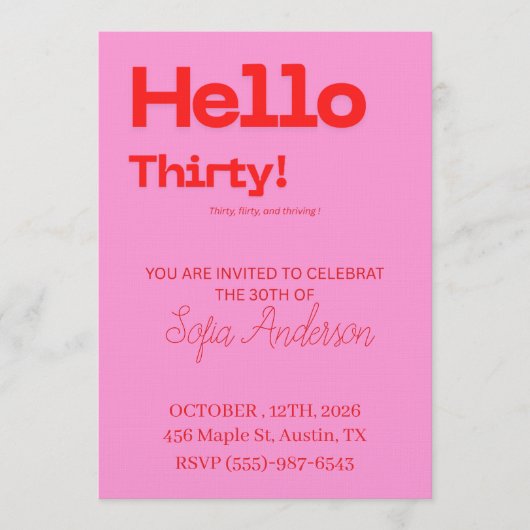 Bold Pink Red 30th Birthday Invite Einladung (Vorderseite)
