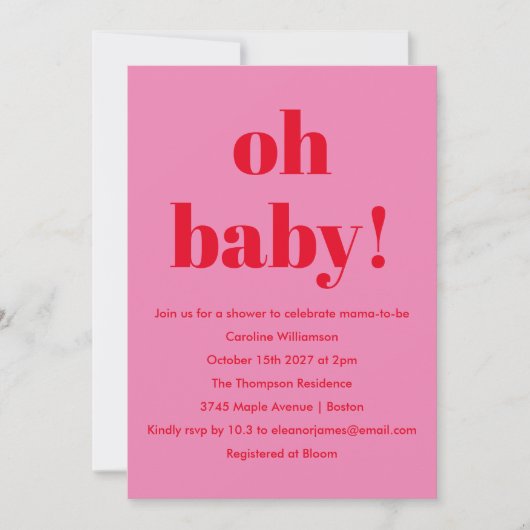 Bold Pink Red Modern Fun Simple Baby Shower Einladung (Vorderseite)