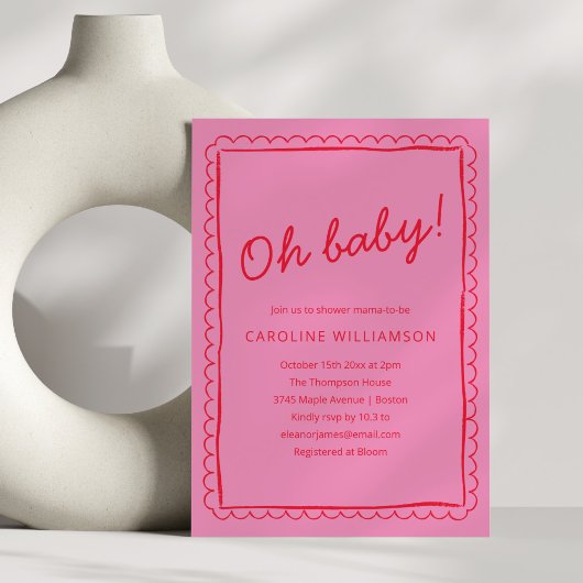 Bold Pink Red Modern Whimsical Border Baby Shower Einladung