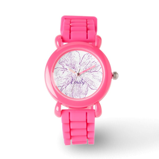 ​Bold Pink Silicone Floral Kids Personalized Armbanduhr (Vorderseite)