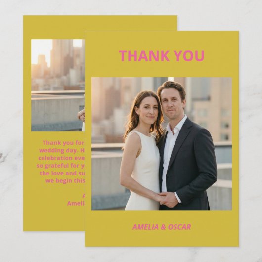Bold Pink Yellow Photo Wedding Modern Colorful Dankeskarte (Vorne/Hinten)