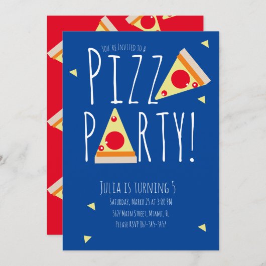 Bold Pizza Birthday Party Restaurant Blue Red Einladung (Vorne/Hinten)