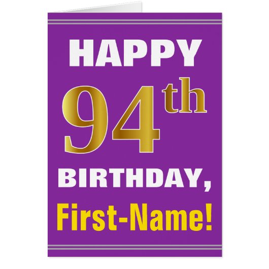 Bold, Purple, Faux Gold 94th Birthday w/ Name Card (Vorne)