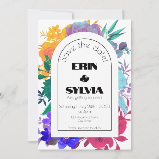 Bold Rainbow Floral Wedding Save The Date (Vorderseite)