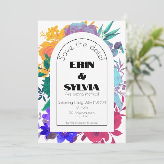 Bold Rainbow Floral Wedding Save The Date (Stehend Vorderseite)