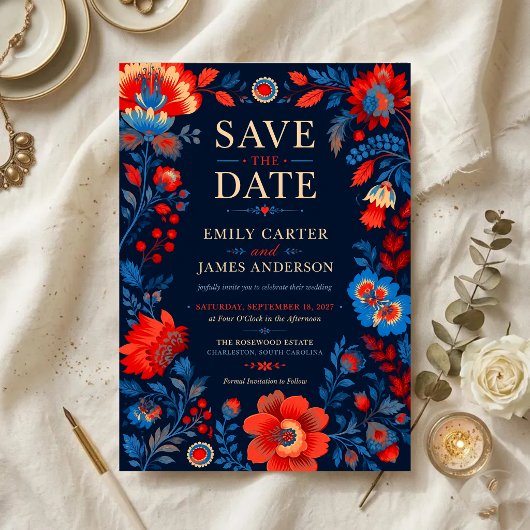 Bold Red and Blue Floral Save The Date