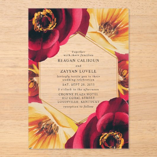 Bold Red and Yellow Floral Geometric Wedding Acryleinladungen (Vorderseite)