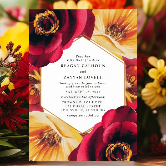 Bold Red and Yellow Floral Geometric Wedding Einladung