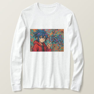 Bold Red Anime USA Graphic T-Shirt