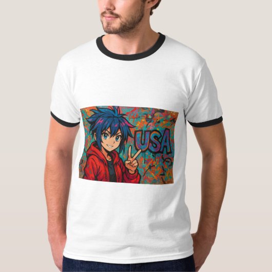 Bold Red Anime USA Graphic T-Shirt (Vorderseite)