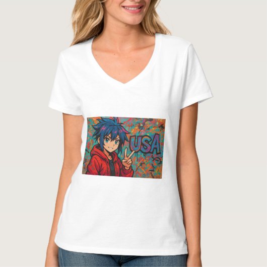 Bold Red Anime USA Graphic T-Shirt (Vorderseite)