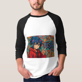 Bold Red Anime USA Graphic T-Shirt