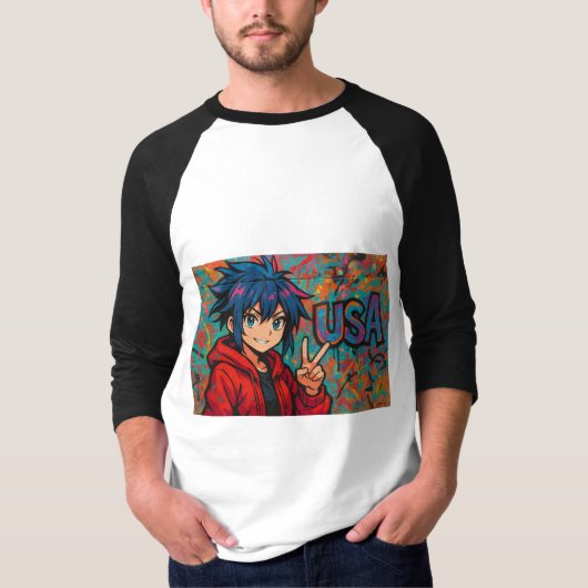 Bold Red Anime USA Graphic T-Shirt (Vorderseite)