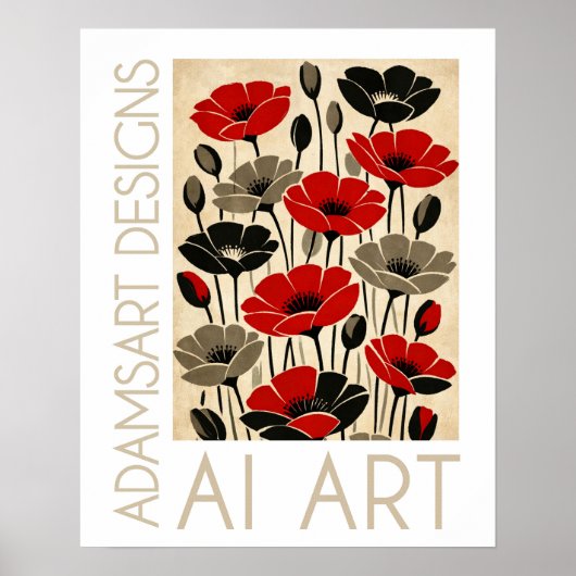 Bold Red & Black Retro Poppies Floral Poster (Vorne)