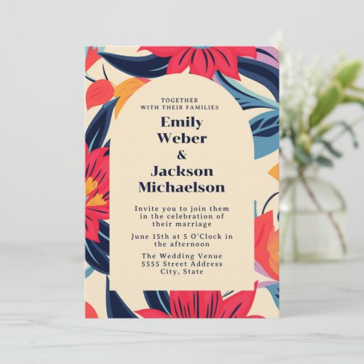 Bold Red Blue Blume Arch Wedding Einladung (Stehend Vorderseite)