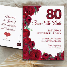 Bold Red Floral 80. Geburtstag Save the Date Ankündigungspostkarte