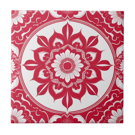 Bold Red Floral Mandala Tile Fliese (Vorderseite)