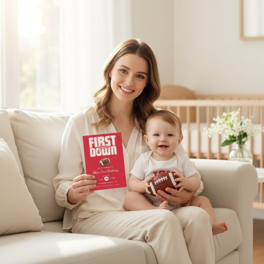 Bold Red Football First Birthday Party Invite Einladung