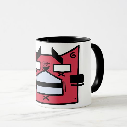 Bold Red Geometric Cat Tasse - Quirky Cartoon Styl (VorderseiteRechts)