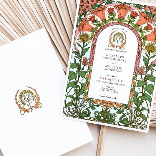 Bold Red & Golden Florals Art Nouveau Wedding Einladung