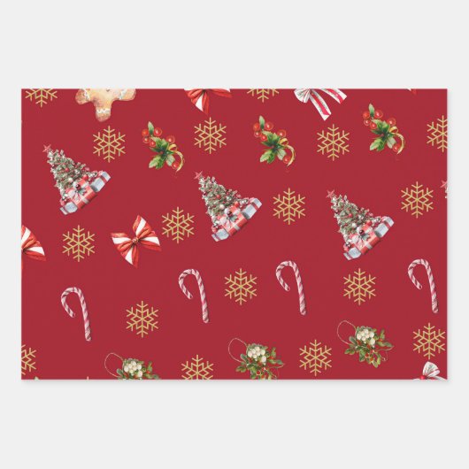 Bold Red Green Gold Weihnachtsschmuck Geschenkpapier Set (Vorderseite 2)