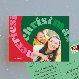 Bold Red Green Typografy Oval One Foto Christmas Feiertagspostkarte