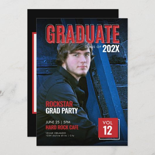Bold Red Magazine Cover Grad Party Einladung (Vorne/Hinten)