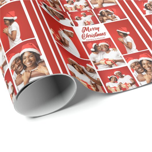 Bold Red Merry Christmas Photo Collage 2025 Geschenkpapier (Rolleneckpunkt)