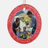 Bold Red Pink Ribbon Pattern Custom Photo Holiday Keramik Ornament (Links)