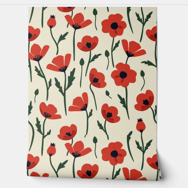 Bold Red Poppies | Klassisches Blumenmuster Tapete (Abrollen)