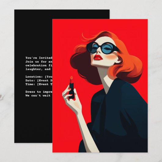 Bold Red Retro Glamour Einladung (Vorne/Hinten)